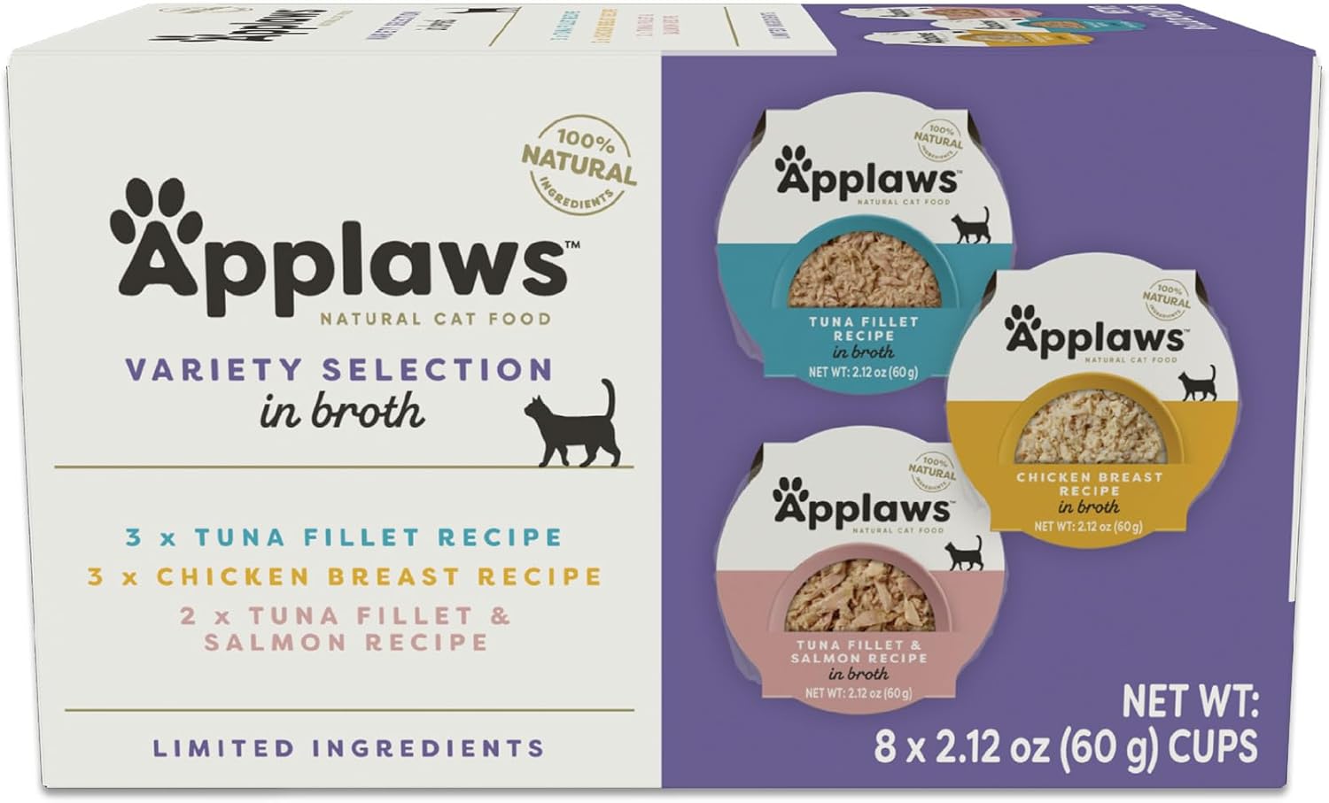 Applaws Natural Wet Cat Food, Limited Ingredient, Grain-Free, Protein With No Artificial Additives, Variety Chicken Selection In Broth (16 X 2.12 Oz Easy-Open Cups)
