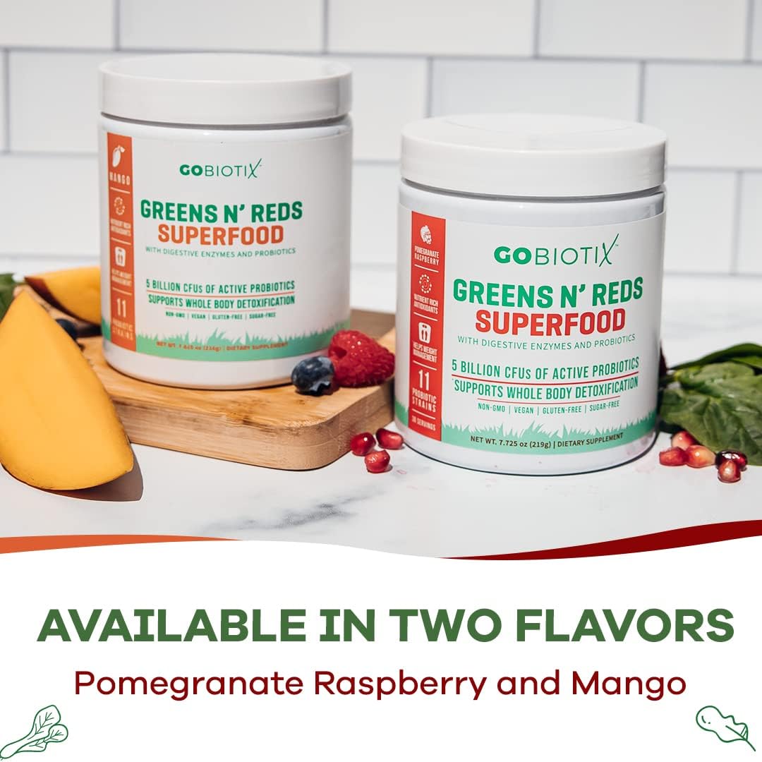 GOBIOTIX Super Greens and Reds Powder - Red and Green Superfood - Probiotic Supplement - Digestive Enzymes and Beet Root Powder - Organic Whole Foods Dietary Supplement (Pom Raspberry, 1 Pack) : Health & Household