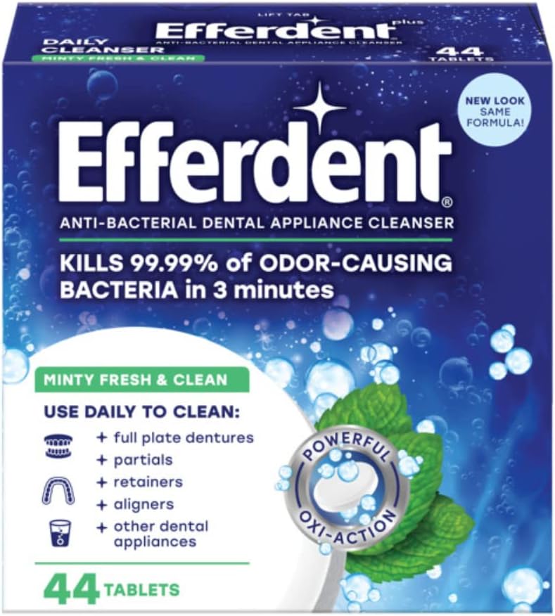 Efferdent Retainer Cleaning Tablets, Denture Cleaning Tablets for Dental Appliances, Minty Fresh & Clean, 44 Count, (Pack of 2)