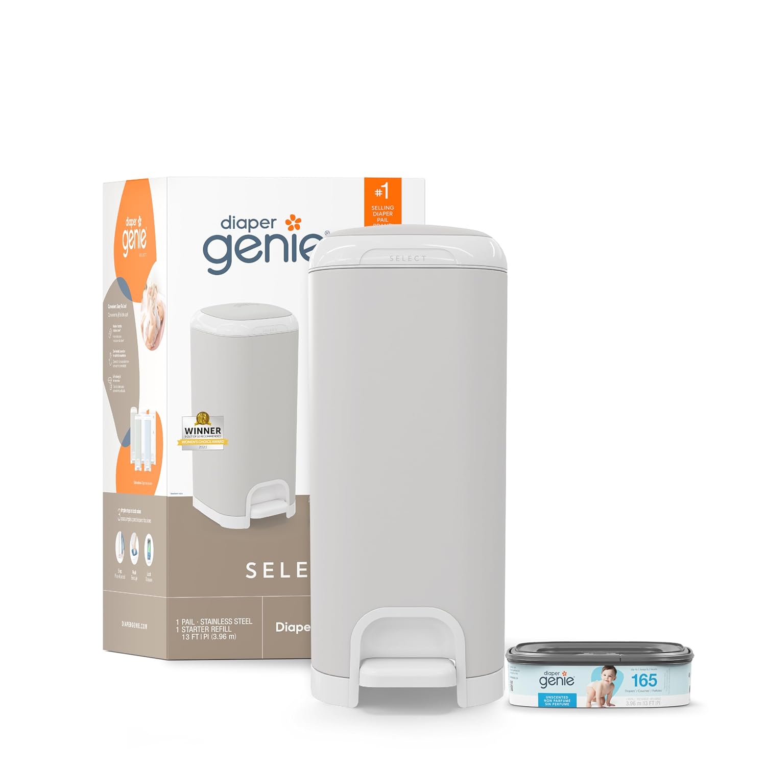 Diaper Genie Select Pail (Grey) Is Made Of Durable Stainless Steel And Includes 1 Starter Square Refill That Can Hold Up To 165 Newborn-Sized Diapers