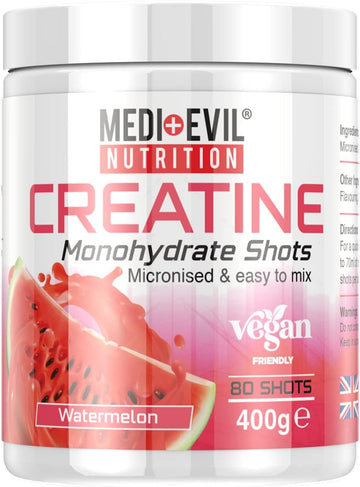 Medi-Evil Nutrition Creatine Monohydrate Shots Powder Vegan Friendly, Watermelon Flavour, 400G, 80 Servings, Micronised For Easy Mixing (Pack Of 1 Tub)