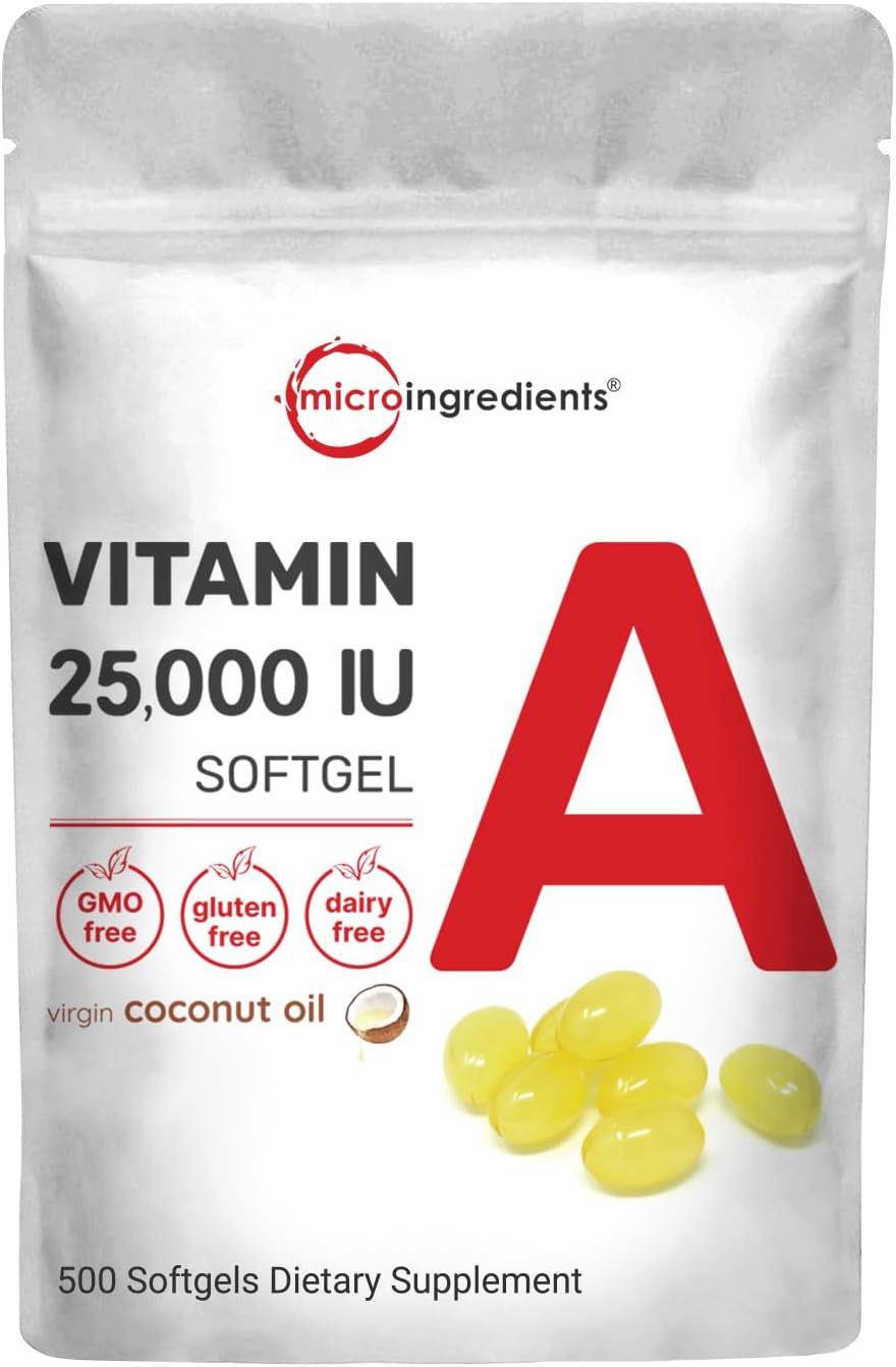Micro Ingredients Maximum Strength Vitamin A 25000 IU | 500 Softgels with Coconut Oil for Better Absorption | Essential Vitamins for Vision, Growth, & Reproduction | Non-GMO, Easy to Swallow