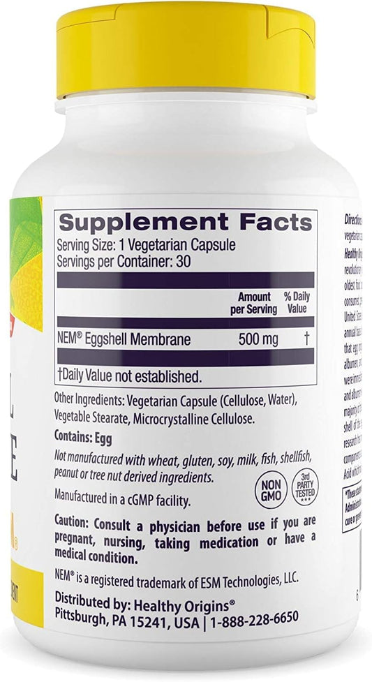 Healthy Origins Eggshell Membrane (NEM), 500 mg - Natural Collagen and Joint Support Supplement - Gluten-Free Supplement - 30 Veggie Capsules
