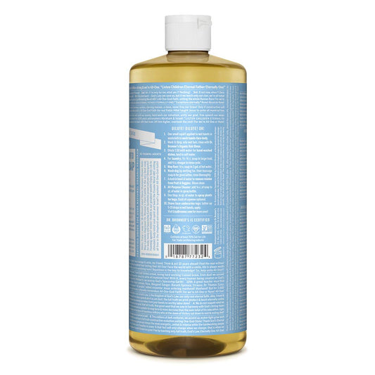 Dr. Bronner's - Pure-Castile Liquid Soap (Baby Unscented, 32 Ounce) - Made with Organic Oils, 18-in-1 Uses: Face, Hair, Laundry, Dishes, For Sensitive Skin, Babies, No Added Fragrance, Vegan, Non-GMO