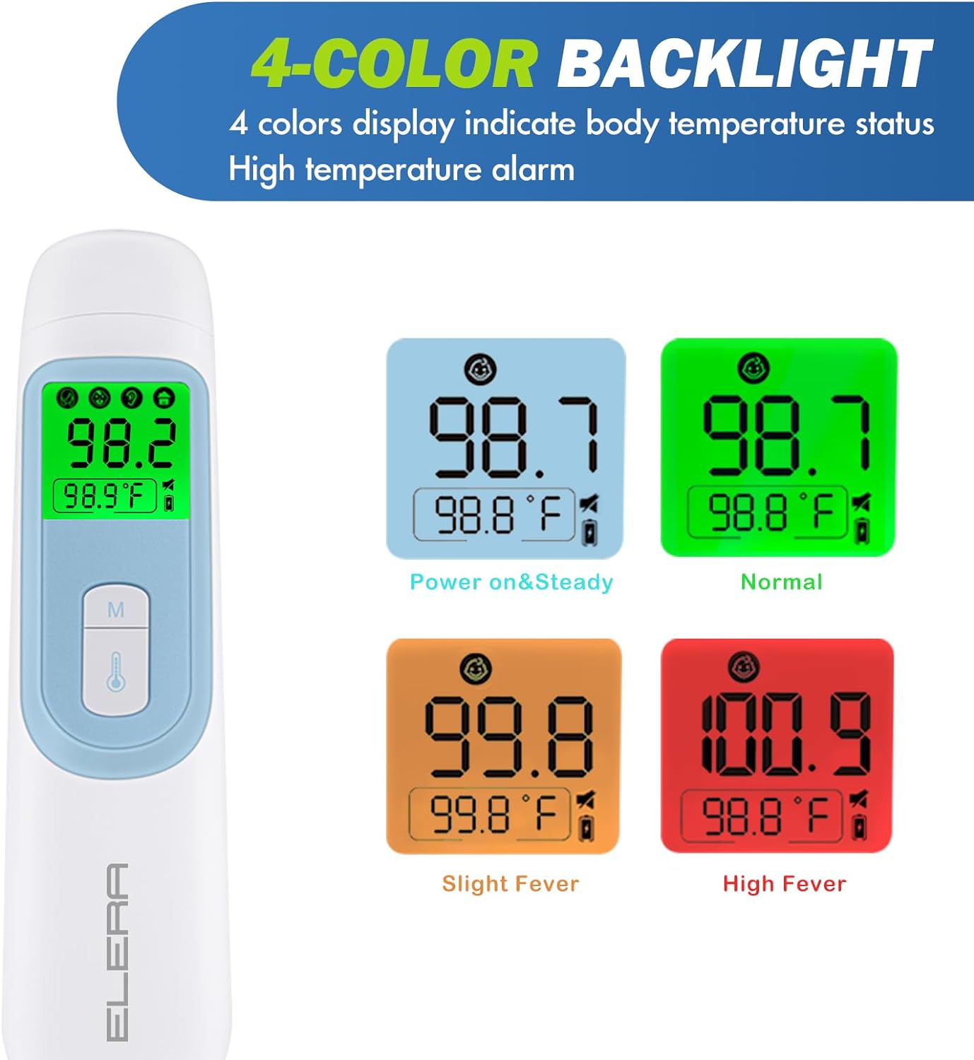 Ear Thermometer for Baby, ELERA Infrared LCD Thermometer with Automatic Switching Mode of Ear & Forehead, 1s Measurement, 4 Color Backlight Display with Fever Indicator : Baby