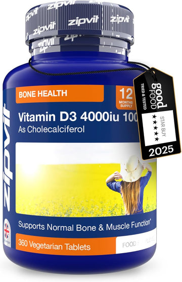 Zipvit Vitamin D3 4000 Iu, 360 Maximum Strength Vitamin D Tablets, 12 Months Supply, Vegetarian, 1 A Day, Vit D3 As Cholecalciferol, Supports Bones Muscles, Immune System