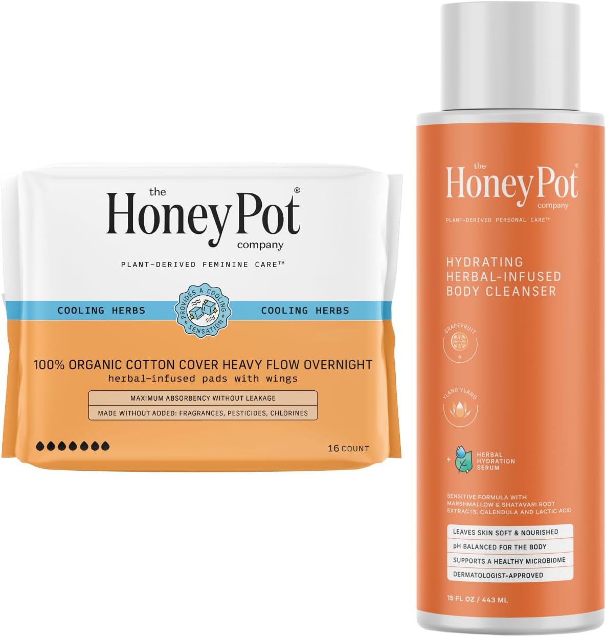 The Honey Pot Company - Heavy Overnight Pads & Grapefruit Body Cleanser Bundle - Pads Infused W/Essential Oils - Body Wash To Moisturize & Cleanse Skin - Sanitary Pads - Feminine Care - Fsa & Hsa