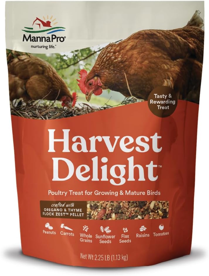 Manna Pro Harvest Delight - Whole Ingredient Chicken Treat - Harvest Mix Of Grains, Raisins, Tomatoes, Carrots, Sunflower Seeds - Mixed Flock Poultry Treat - 2.25 Lbs