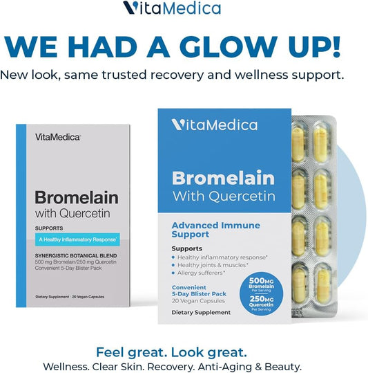 Vitamedica Bromelain With Quercetin Supplement | 2400 Gdu/Gram Vegan Capsules For Healthy Tissues, Joint And Muscle Support | Plant Based Natural Formula | 20 Ct | 5 Day Supply