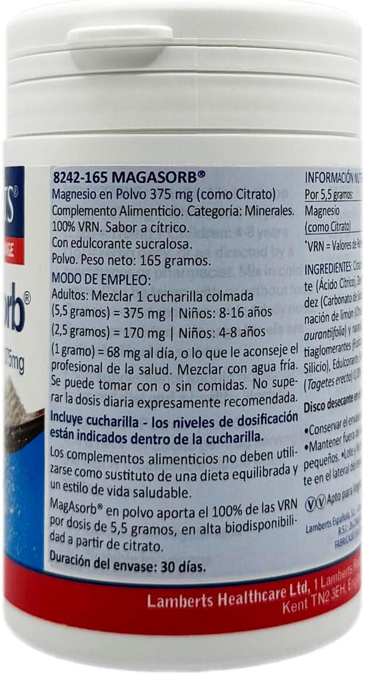 Lamberts Magasorb Powder 165G, Highly Bioavailable Magnesium Citrate Supplement With Orange Flavour