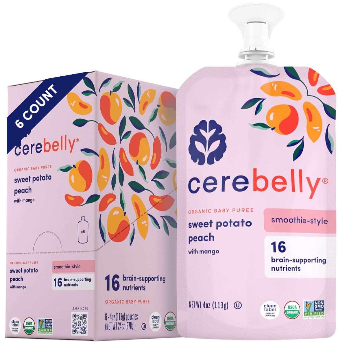 Cerebelly Sweet Potato Peach Smoothie (Pack of 6) - Healthy Kids Snacks - Baby Food Pouch with 16 Vital Nutrients and Brain Support from Superfoods - Organic Fruit & Veggie Purees, Baby Fruit Squeeze Pouches for Kids, No Added Sugar
