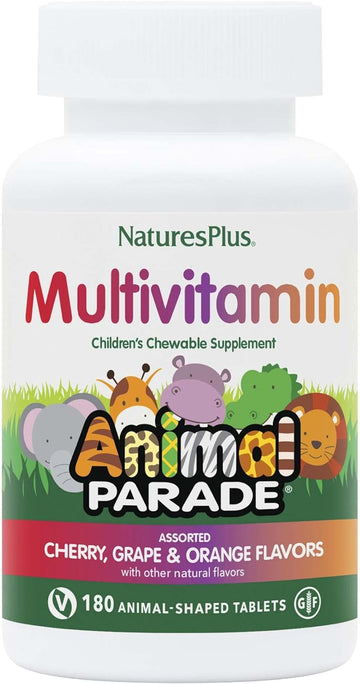 NaturesPlus Animal Parade Children's Chewable Multivitamin - 180 Animal-Shaped Tablets - Natural Assorted Flavors - Vegetarian, Gluten Free - 90 Servings