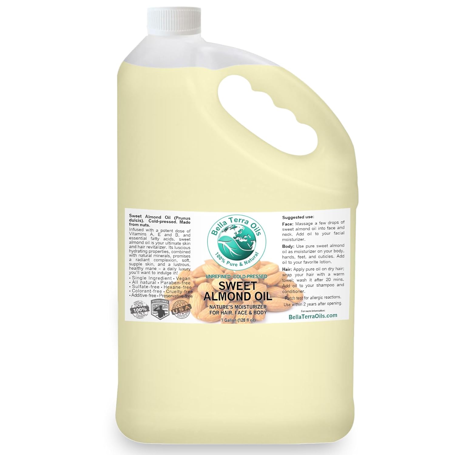 Bella Terra Oils Organic Sweet Almond Oil – 1 gallon, Deep Hydration, Nourishing, Light & Absorbent, Rich in Vitamins, Non-Greasy