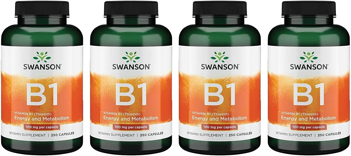 Swanson Vitamin B1 (Thiamin) - Promotes Healthy Metabolism And Provides Energy Support - Natural Vitamin Supplement Supporting Optimum Nerve Cell Function - (250 Capsules, 100Mg Each) 4 Pack