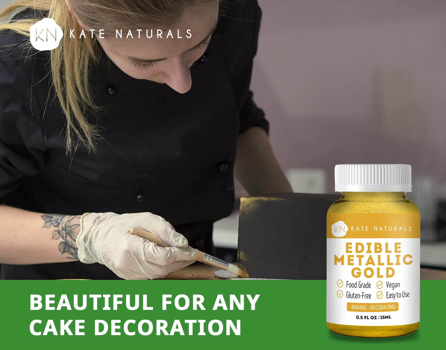 Kate Naturals Edible Metallic Gold Dust for Cake Decorating Edibles & Cookies. Vegan & Gluten-Free. Easy-to-Use Formula for Baking, Chocolate, Kids. (.5oz/14g) : Grocery & Gourmet Food