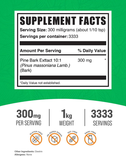 Bulksupplements.Com Pine Bark Extract Powder - Pine Bark Supplement, Pine Bark Powder - Antioxidants Support, Gluten Free - 300Mg Per Serving, 1Kg (2.2 Lbs) (Pack Of 1)