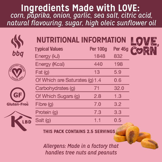 Love Corn Bbq Crunchy Corn Snack 115G X 6 Bags – Healthy Snacks Ideal For Gluten Free & Vegan Diets – Low Sugar Alternative For Crisps, Mixed Nuts & Pretzels – Perfect To Graze On