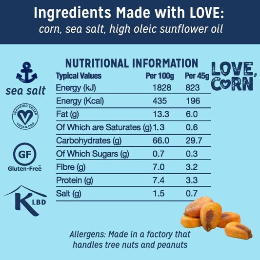Love Corn Sea Salt Crunchy Corn Snack 45G X 10 Bags – Healthy Snacks Ideal For Gluten Free & Vegan Diets – Low Sugar Alternative For Crisps, Mixed Nuts & Pretzels – Perfect To Graze On