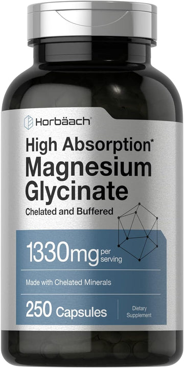 Horbäach Buffered Magnesium Glycinate | 1330mg | 250 Capsules | with Chelated Minerals | Non-GMO, Gluten Free