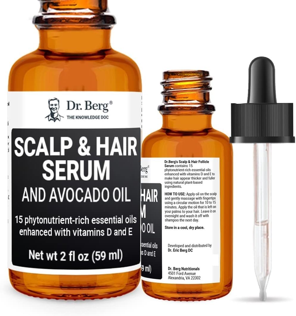 Dr Berg's (All In One) Hair Growth Serum w/Jojoba Oil & Castor Oil For Fuller Thicker Hair | Contains 13 Plant-Based All Natural Hair Growth Oils | Added Vitamin E & D for Enhancement | 2 fl oz