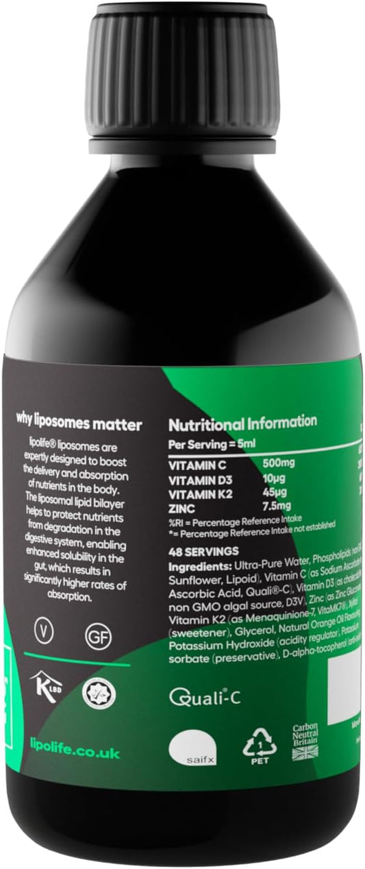 Liposomal Vitamin C, D3, K2 Plus Zinc. Liquid Immune Support With High Absorption. Vegan. Made In The Uk. Lipolife Liposomal Supplements, #1 Scientifically Proven