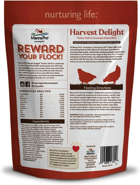 Manna Pro Harvest Delight - Whole Ingredient Chicken Treat - Harvest Mix Of Grains, Raisins, Tomatoes, Carrots, Sunflower Seeds - Mixed Flock Poultry Treat - 2.25 Lbs