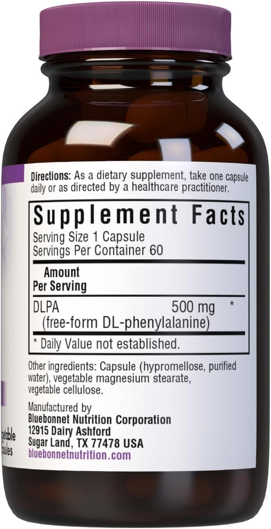 Bluebonnet Nutrition Dlpa (Dl-Phenylalanine) 500Mg, Free-Form Amino Acid, For Nervous System Support, Soy-Free, Gluten-Free, Non-Gmo, Kosher, Vegan, 60 Vegetable Capsules