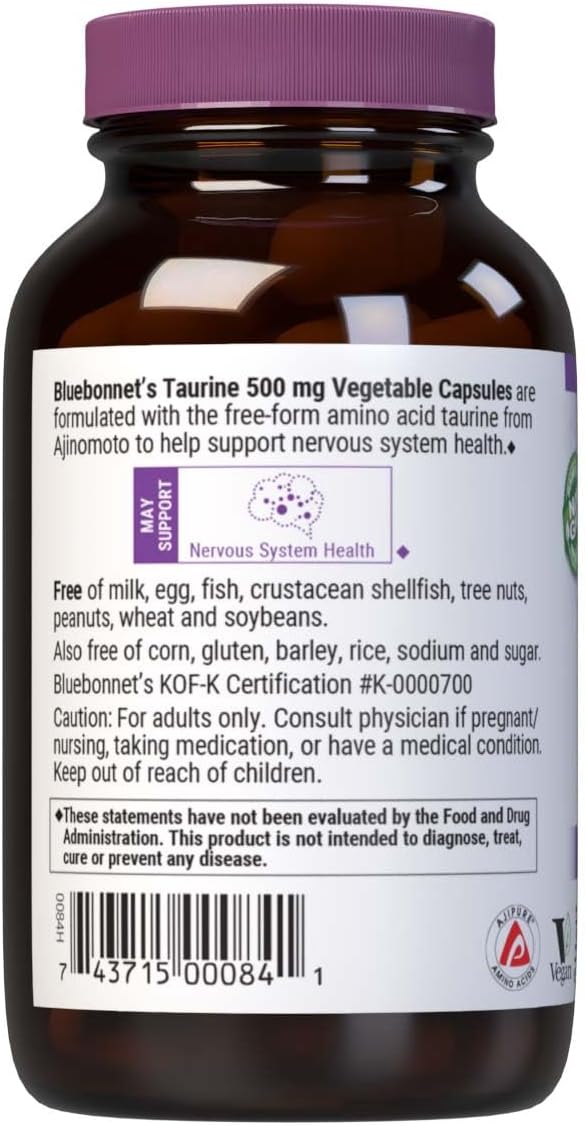 Bluebonnet Taurine 500 Mg Vitamin Capsules, 50 Count