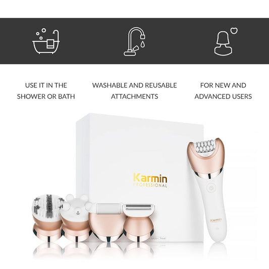 Karmin 5 In1 Wet Dry Epilator For Women Hair Removal, Cordless Electric Shaver, Trimmer, Facial, Body, Arm, Leg Hair Remover, Usb Rechargeable, Waterproof, Shave, Exfoliate, Smooth, Buff, Massage