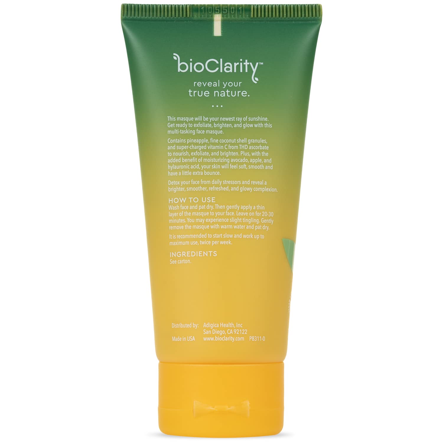 Bioclarity Brightening Face Mask, Brighten Up Sunshine, 100% Clean Vegan Ingredients, Exfoliate Brighten Hydrate Skin, Vitamin C, Pineapple, Avocado, Hyaluronic Acid, 2 Oz : Beauty & Personal Care