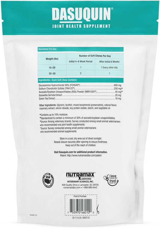 Nutramax Laboratories Dasuquin Joint Health Supplement For Small To Medium Dogs - With Glucosamine, Chondroitin, Asu, Boswellia Serrata Extract, Green Tea Extract, 84 Soft Chews