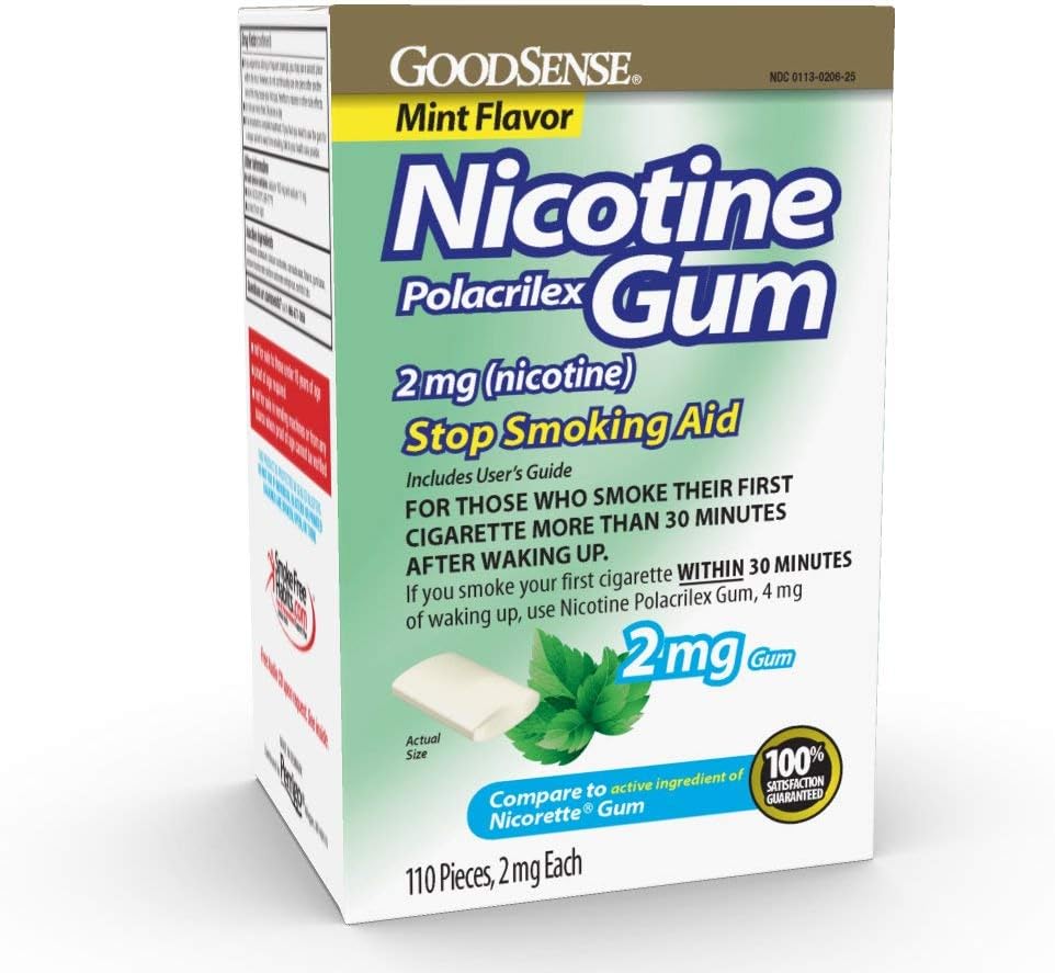 Goodsense Nicotine Polacrilex Uncoated Gum 2 Mg (Nicotine), Mint Flavor, Stop Smoking Aid; Quit Smoking With Nicotine Gum, 110 Count