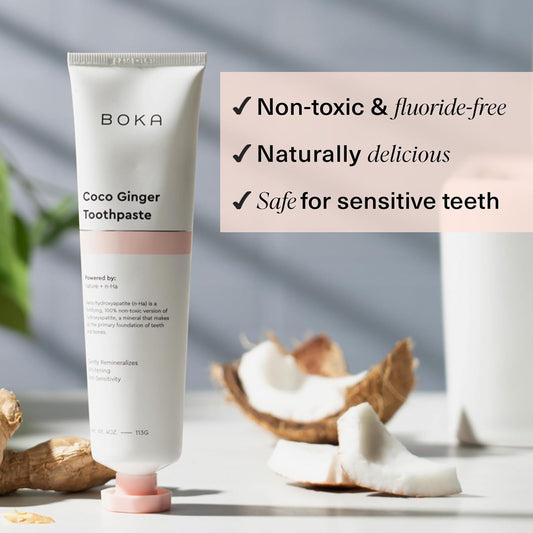 Boka Fluoride Free Toothpaste - Nano Hydroxyapatite, Remineralizing, Sensitive Teeth, Whitening - Dentist Recommended for Adult, Kids Oral Care - Coco Ginger Flavor, 4 Fl Oz 1 Pk - US Manufactured