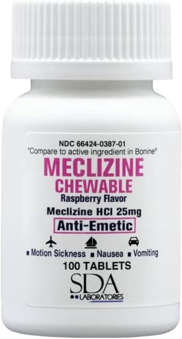 Sda Laboratories Meclizine 25Mg Chewable Tablets, Anti-Emetic, Raspberry Flavor, Motion Sickness & Vertigo Relief For Nausea, Dizziness, Vomiting, Portable Travel Aid (2 Bottles Of 100 Count)