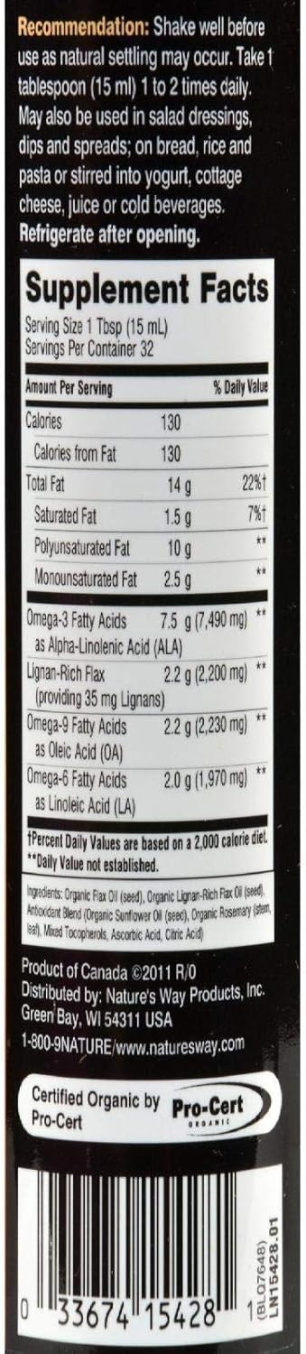Nature's Way Organic Flax Oil Super Lignan, Omega-3, Omega-6, Omega-9 Fatty Acids**, Cold-Pressed, 16 Fl Oz (Packaging May Vary) : Health & Household
