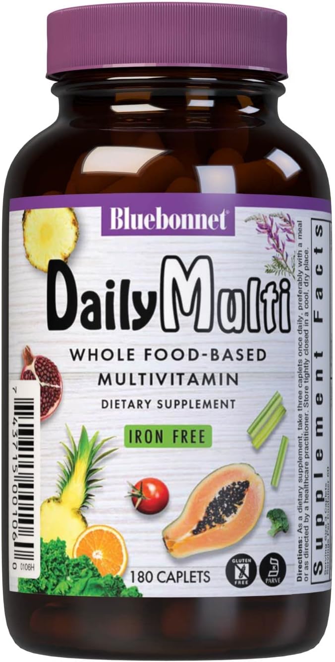 Bluebonnet Super Earth Multi-Nutrient Formula Iron Free Caplets, 180 Count, White,Green