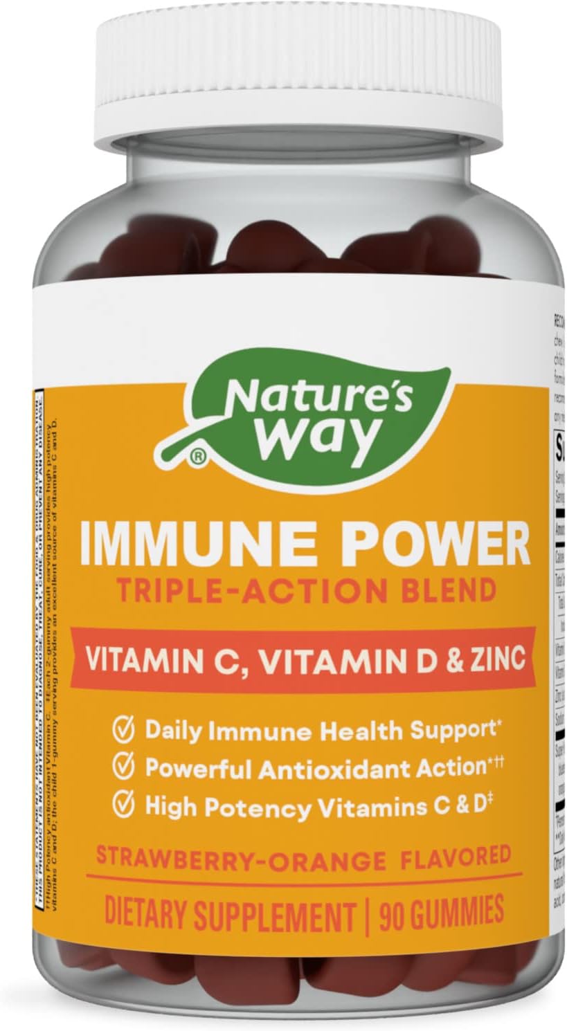 Nature's Way Immune Power, Triple Action Immune Support Blend*, Vitamins C and D, Zinc, Strawberry-Orange avored, 90 Gummies