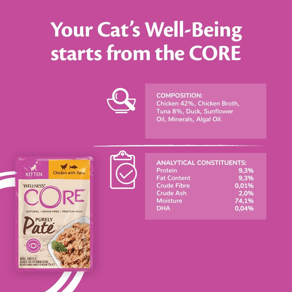 Wellness CORE Purely Paté Kitten, kitten food wet, smooth paté wet cat food for kittens, grain-free, high meat content, chicken & tuna, 24 x 85g :Pet Supplies