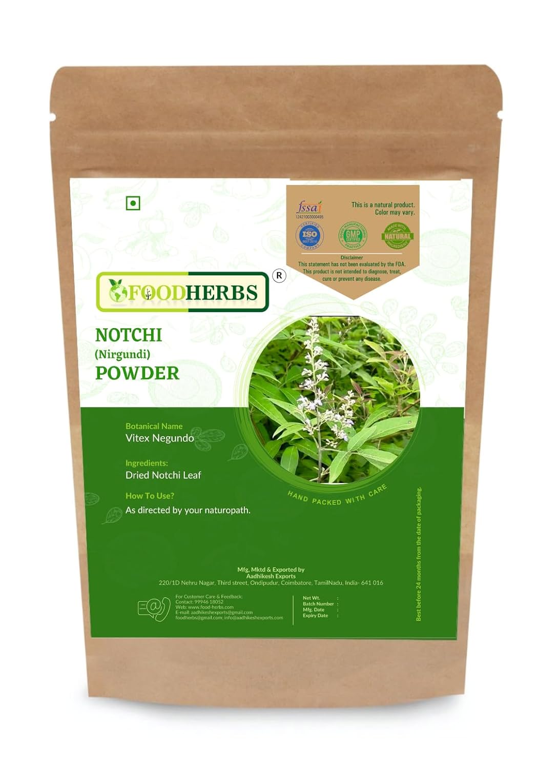 Foodherbs Notchi Leaf Powder | 200 G / 0.44 Lbs | Vitex Nigundo | Nirgundi