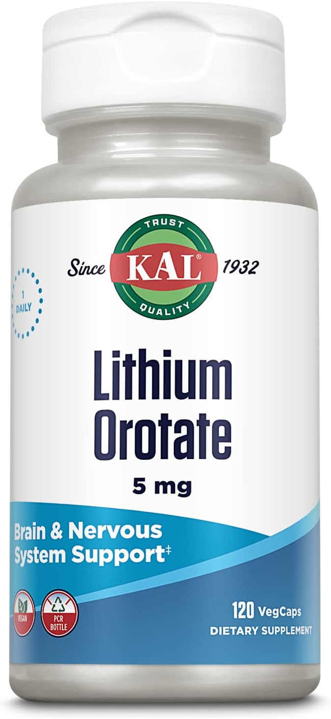 KAL Lithium Orotate 5 milligrams | Low Serving Of Chelated Lithium Orotate For Bioavailability and Mood Support In Organic Rice Bran Extract Base