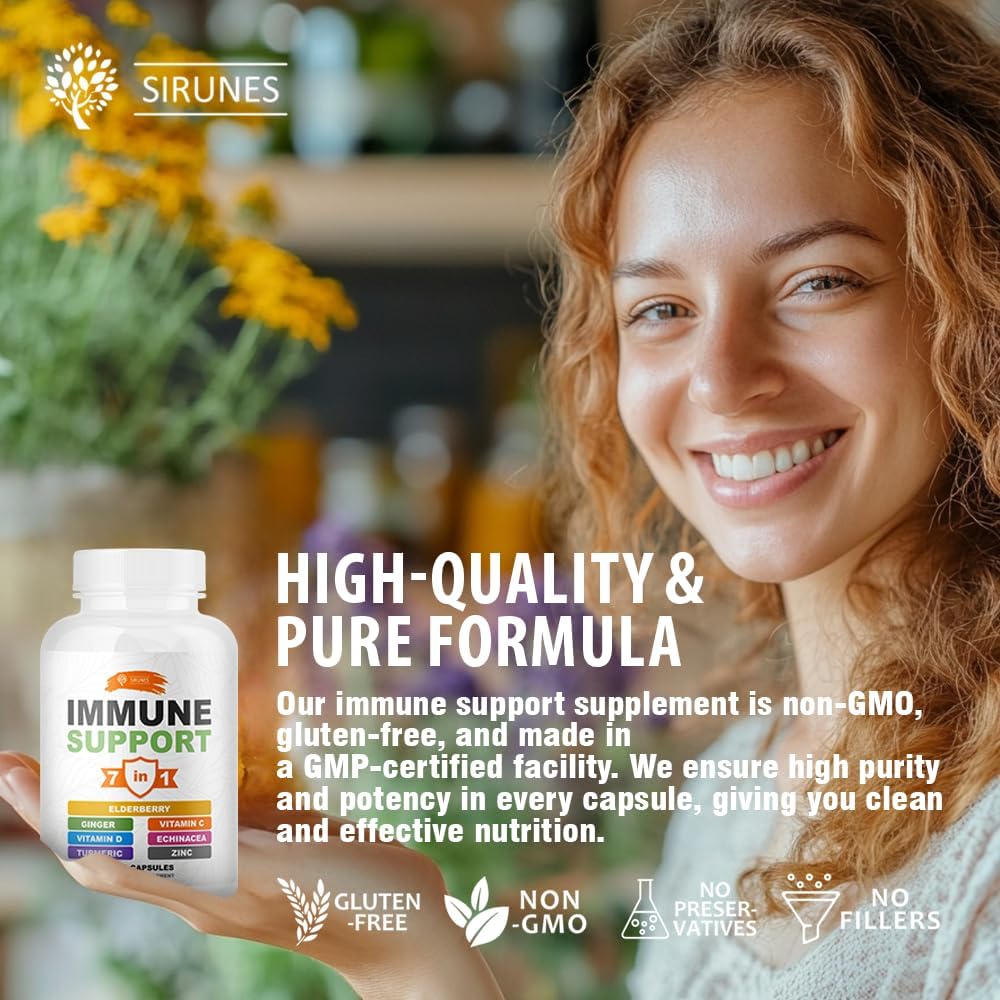 Sirunes Immune Booster - Immunity Support Multivitamin - Vitamin C And D3, Elderberry, Zinc, Echinacea, Ginger, Turmeric - Antioxidant, Energy And Vigor, Brain Boost (Immune Support Capsules) : Health & Household