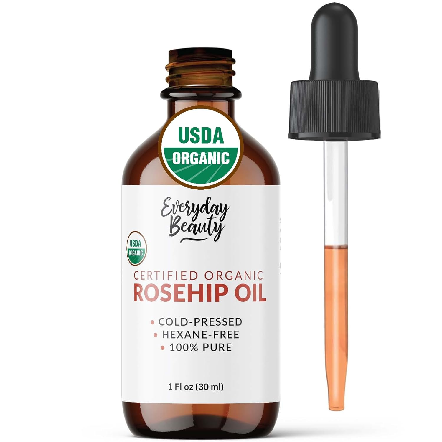 Organic Rosehip Seed Oil | 100% Pure, Cold-Pressed, Unrefined | Usda Certified Organic | Amber Glass Bottle With Glass Dropper | For Face, Skin & Hair - 1 Fl Oz
