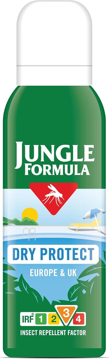 Jungle Formula Dry Protect Insect Repellent (125Ml Aerosol) - Deet Free Mosquito, Midge & Biting Insect Repellent - Up To 6 Hours Protection From Bites - Non Greasy, Lightly Fragranced Bug Spray