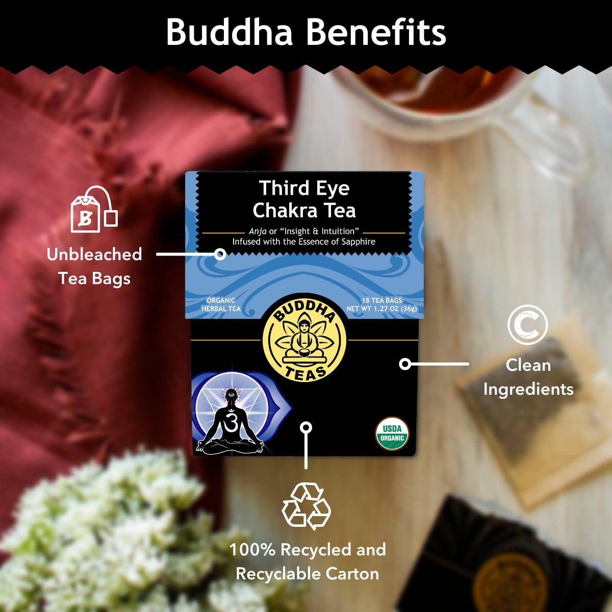 Buddha Teas - Third Eye Chakra Tea - Organic Herbal Tea - For Insight & Intuition - With Eyebright, Spearmint, Star Anise & Sapphire Essence - 100% Kosher & Non-Gmo - 18 Tea Bags (Pack Of 1)