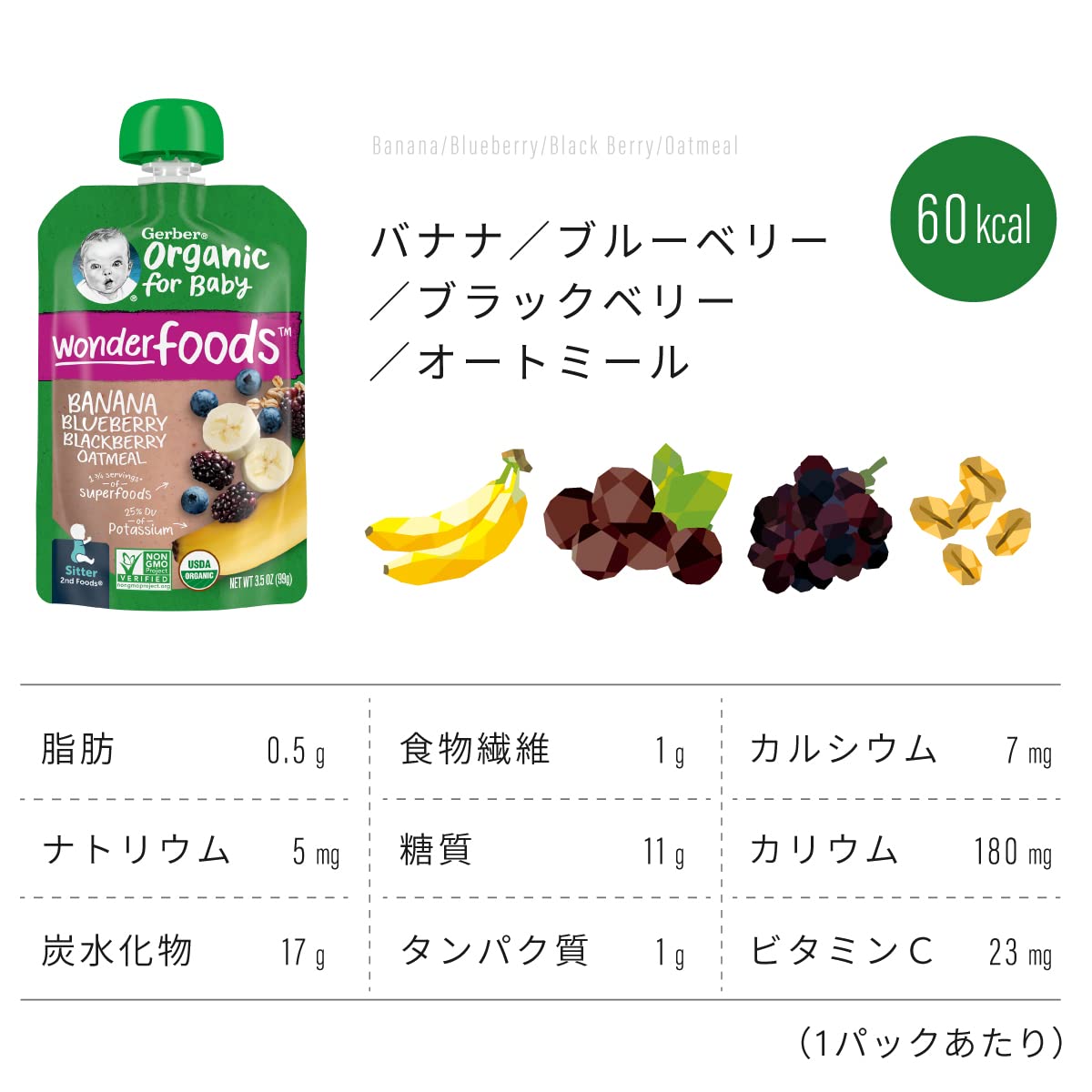 Gerber Organic Baby Food Pouches, 2nd Foods for Sitter, WonderFoods, Banana Blueberry Blackberry Oatmeal, 3.5 Ounce (Pack of 12) : Baby Food Fruit : Everything Else