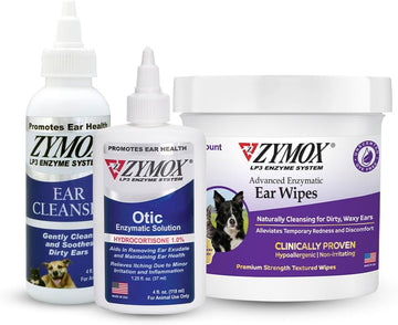 Zymox Enzymatic Ear Wipes, Ear Cleanser, & Otic Ear Solution For Dogs And Cats - Product Bundle - For Dirty, Waxy, Smelly Ears And To Soothe Ear Infections, 100 Ct, 4 Oz And 4 Oz