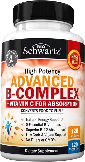 Vitamin B Complex With Vitamin C For Maximum Absorption - Methylcobalamin B12 & Folate Folic Acid Supplement - B1 B2 B3 B5 B6 B7 B9 For Immune Energy & Nervous System Support - Non-Gmo, 120 Count