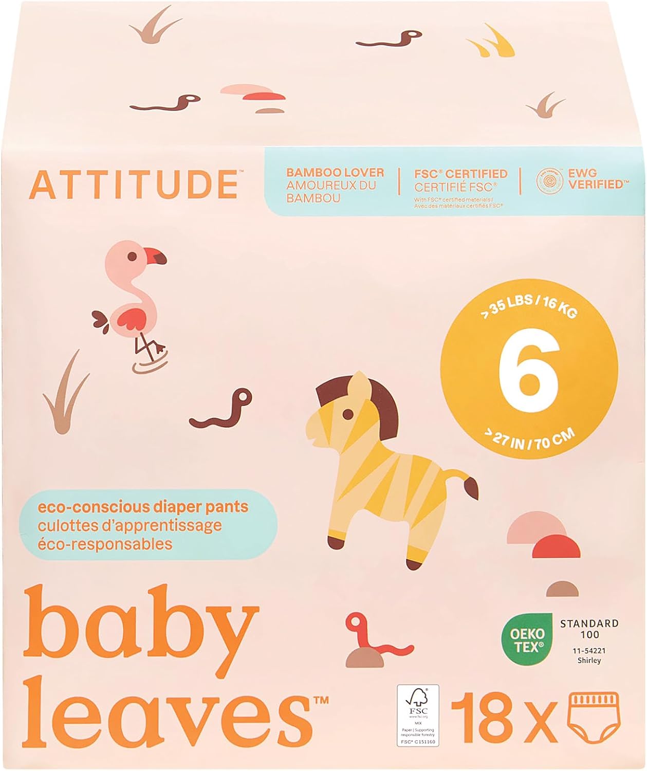 Attitude Eco-Conscious Disposable Training Pants, Ewg Verified, Size 6 (35 Lbs), Easy To Pull Up, Ultra Absorbent Potty Diapers For Girls And Boys, Vegan & Plant-Based, 18 Count