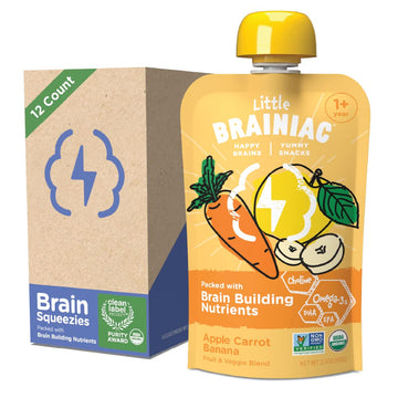 Little Brainiac Organic Fruit & Veggie Snack Pouches, Apple, Carrot, Banana Puree with Brain-Supporting Nutrients, Toddler Snacks, Clean Label, BPA-Free, Non-GMO (3.5 oz, Pack of 12)