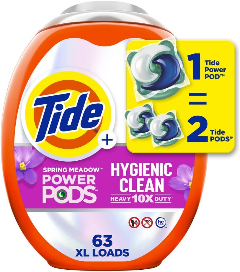 Tide Hygienic Clean Heavy 10X Duty Power Pods Laundry Detergent Pacs, Spring Meadow, 63 Count, For Visible And Invisible Dirt